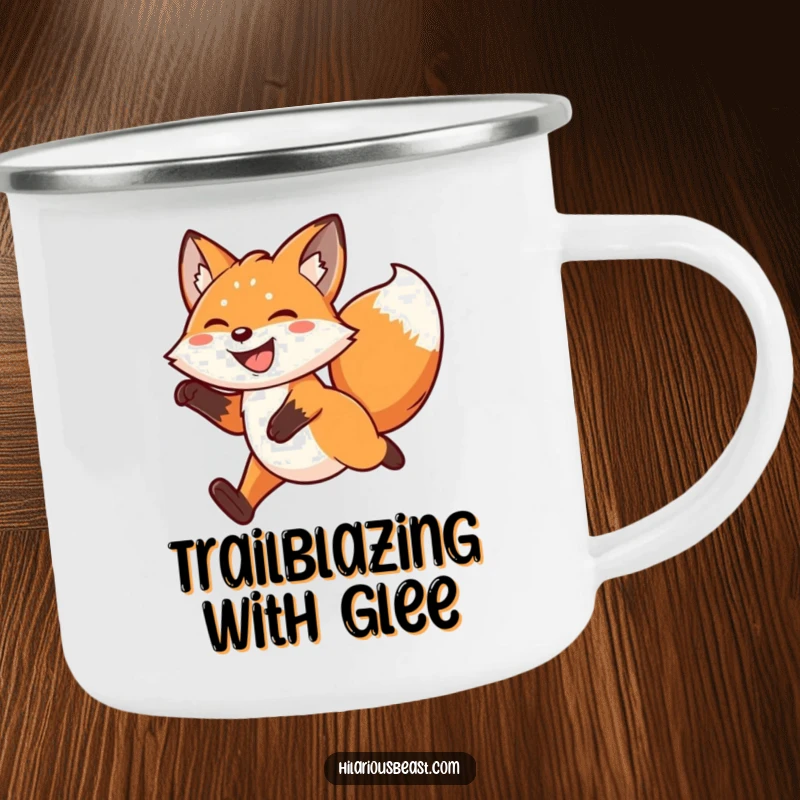 Funny kawaii fox camping mug featuring a grinning fox leaping mid-air with a wagging tail, ready for outdoor beverages.