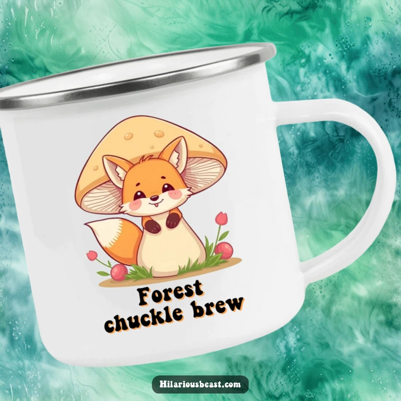 Funny fox camping mug showing a giggling fox peeking from behind a wobbly mushroom, ideal for outdoor enjoyment.
