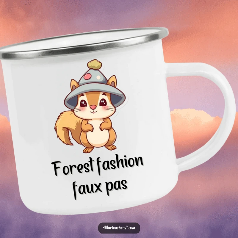 Funny small squirrel camping mug wearing a silly oversized hat, looking comically bewildered.