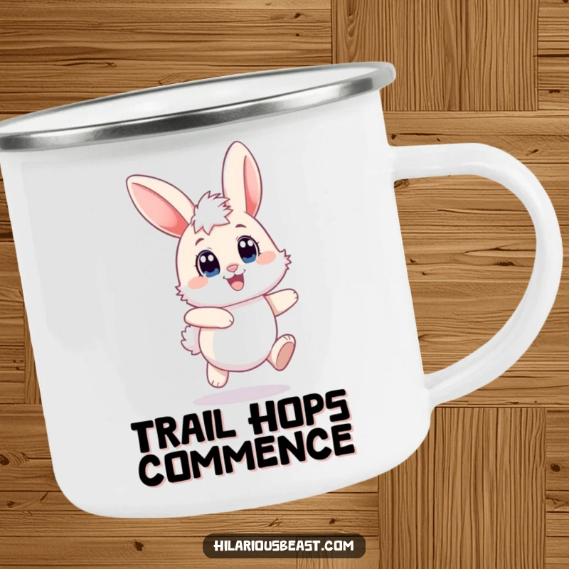 Funny bunny camping mug showing a fluffy rabbit hopping with joyful eyes and floppy ears, perfect for outdoor enthusiasts.
