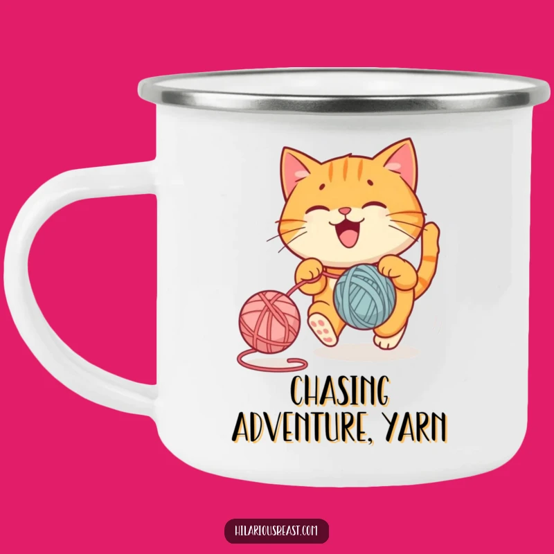 Funny Cat Camping Mug: Durable Chasing Enamel Cup, Adventurous Funny Gift