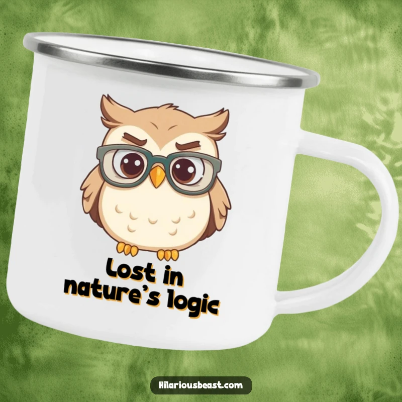 Funny owl wearing big glasses, head tilted in confusion, durable camping mug for outdoor fun.