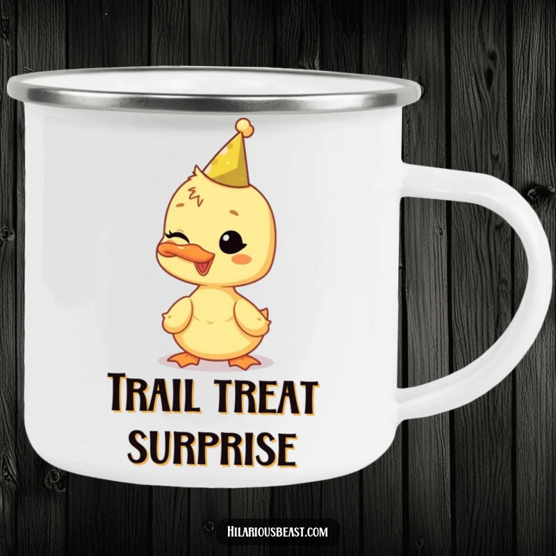 Funny duckling enamel camping mug, wearing a tiny party hat and winking, perfect for outdoor enjoyment.