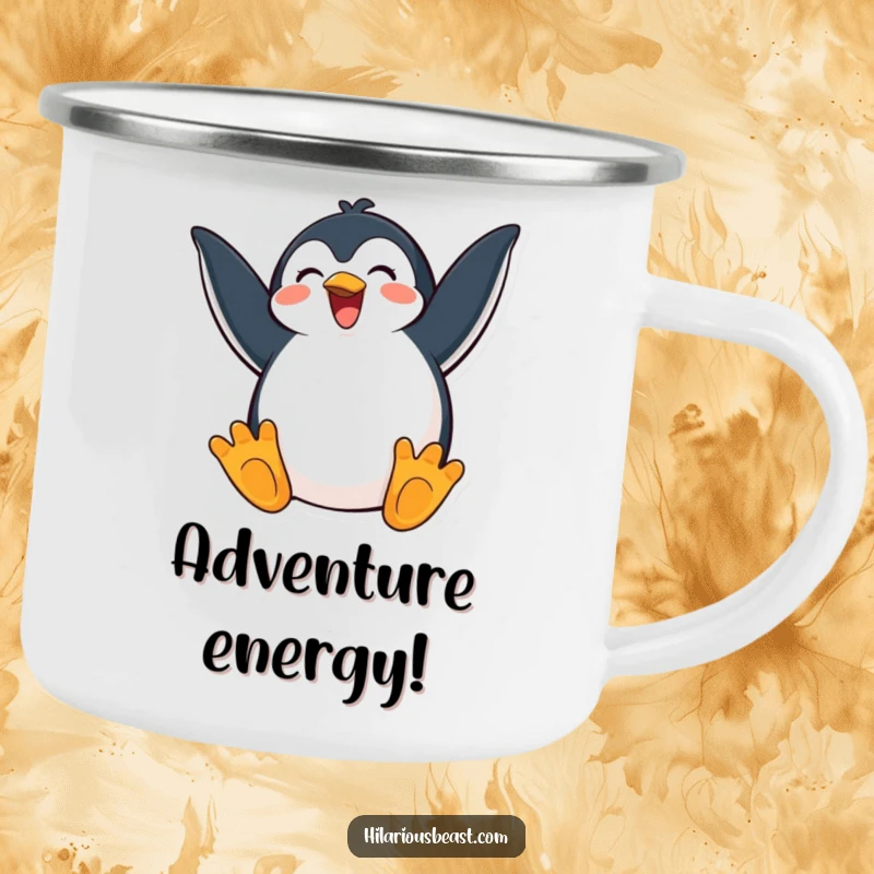 Funny camping mug with a happy penguin flapping its wings in exaggerated excitement, perfect for cheerful outdoor drinks.