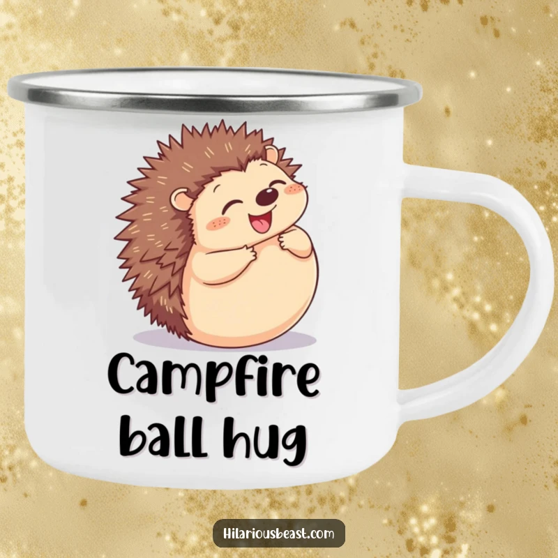 Funny Hedgehog Camping Mug: a durable enamel cup with a plump hedgehog grinning and rolling into a ball.