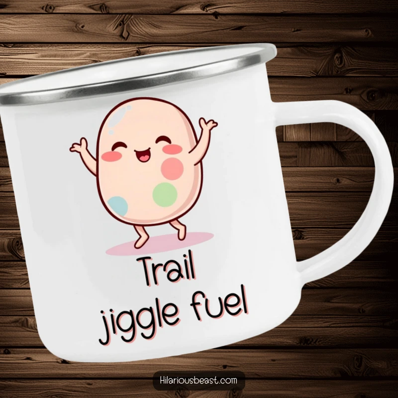 Funny camping mug with a plump, wobbly jelly bean character doing a silly dance, ready for outdoor adventures and laughs.