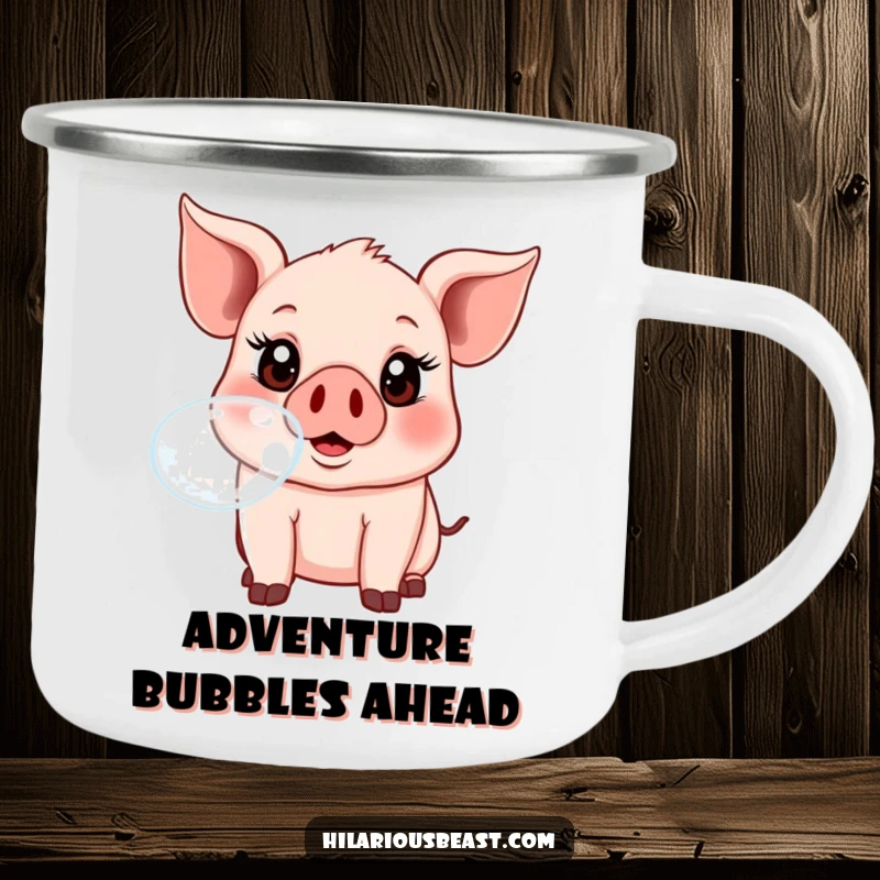 A rugged camping mug featuring a funny, excited piglet blowing a giant bubble, perfect for outdoor enthusiasts.