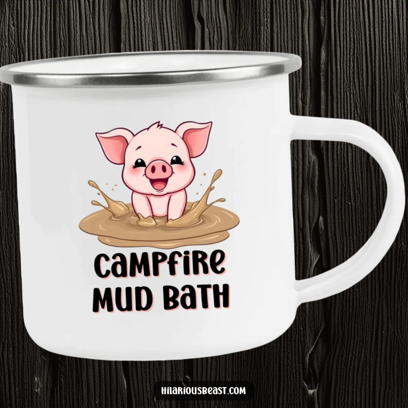 Funny Camping Mug showcasing a cheerful piglet gleefully splashing in a mud puddle, designed for outdoor fun and happy sips.