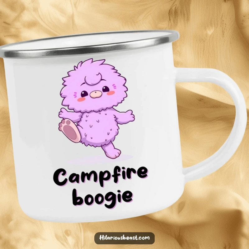 Funny camping mug featuring a fluffy purple creature with oversized feet doing a silly dance, perfect for humorous outdoor excursions.