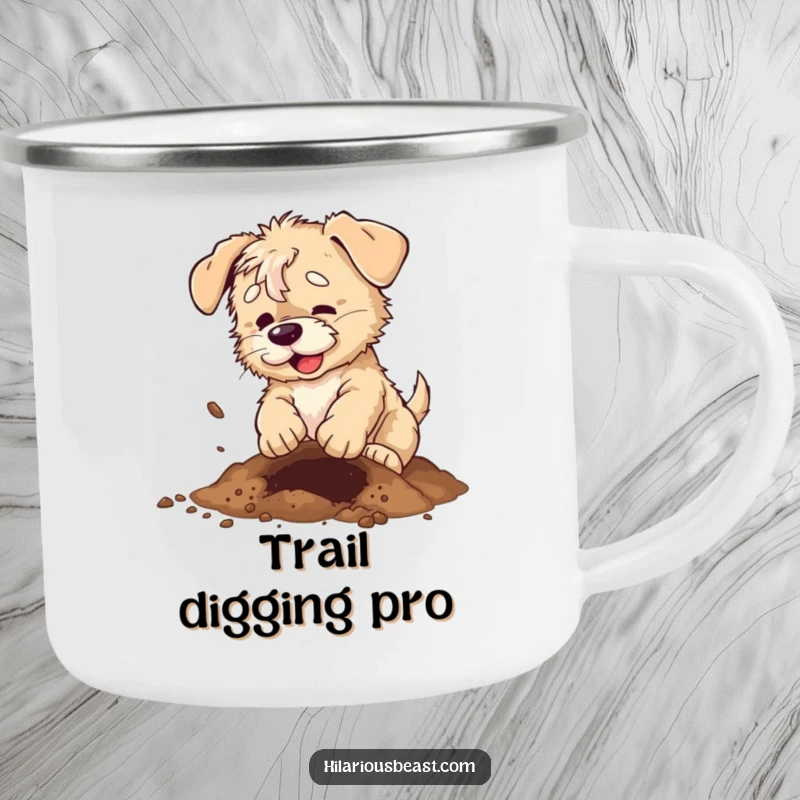 Funny scruffy puppy camping mug, a dog digging with dirt flying, perfect for outdoor fun.