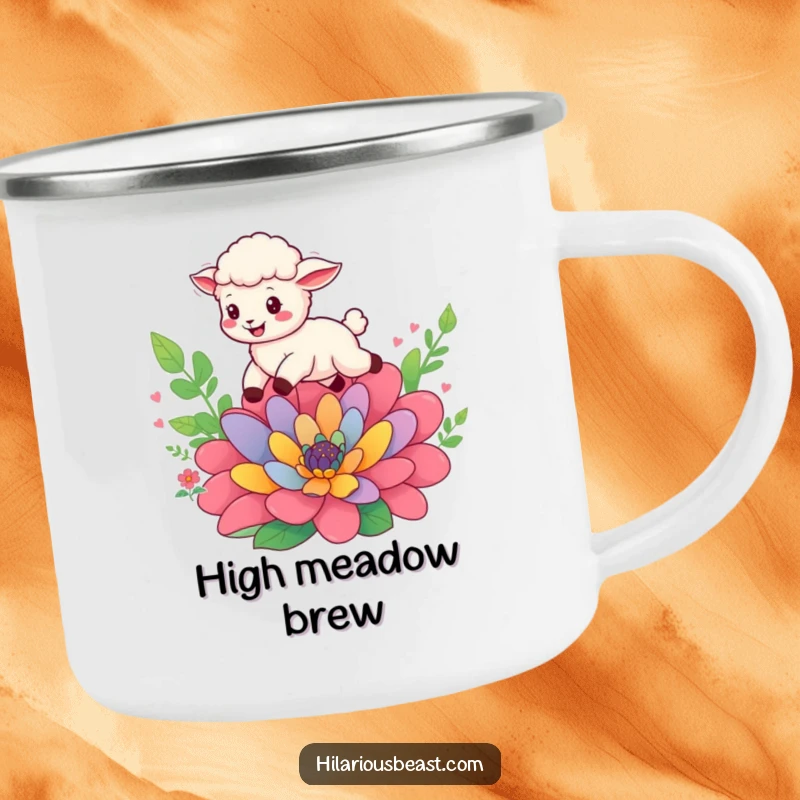 Funny cheerful sheep cub leaping over a colorful flower, enamel camping mug, ready for outdoor adventures and cheerful campfire moments.