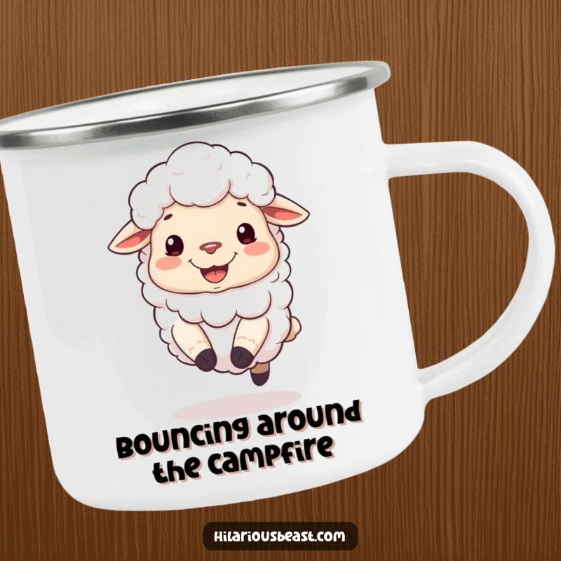 Funny camping mug featuring a fluffy sheep with a silly grin, joyfully bouncing on its hooves.