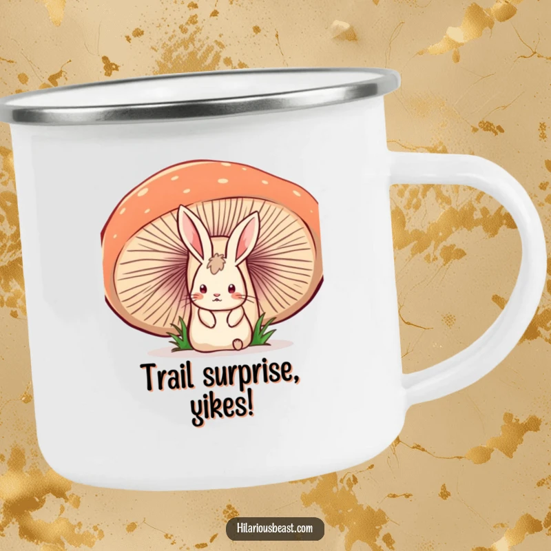 Funny camping mug featuring a startled rabbit looking surprised behind a wobbly mushroom, perfect for outdoor humor.