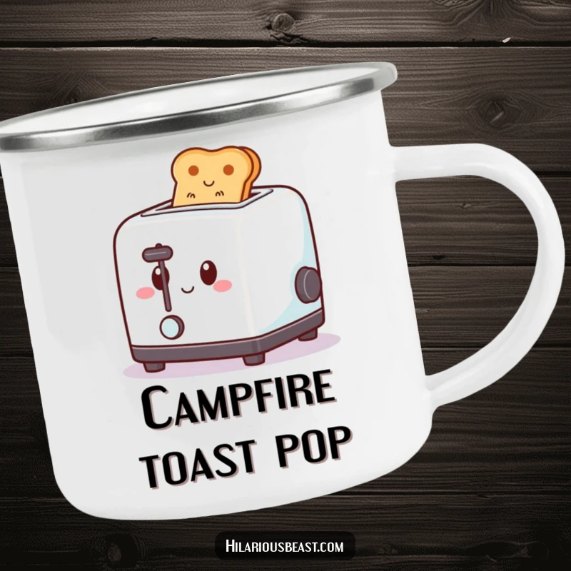 Funny camping mug featuring a square, happy-faced toaster popping toast with a spring, ideal for humorous outdoor breakfast moments.