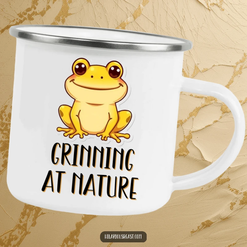 Funny yellow frog camping mug with a wide, goofy grin, designed for outdoor fun and cheerful sipping. A durable funny companion for trails.