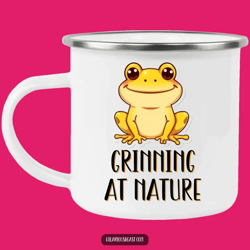 Funny Cheerful Frog Camping Mug, Goofy Grin Enamel Cup, Humorous Outdoor Gift