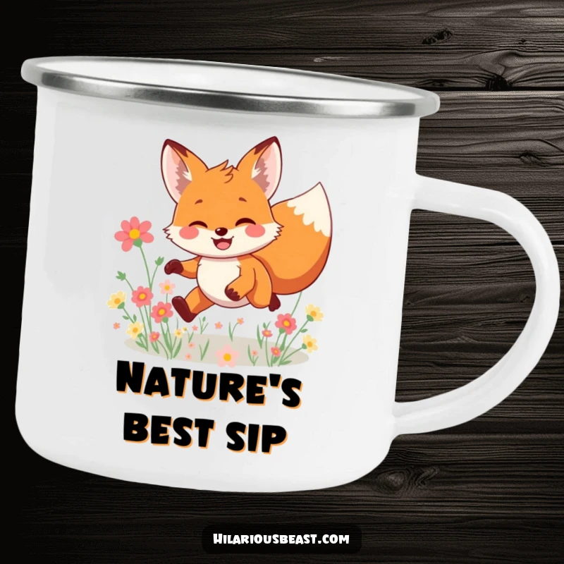 Funny smiling fox camping mug featuring a character leaping joyfully through a field of flowers, built for adventure and spreading playful, humorous cheer.