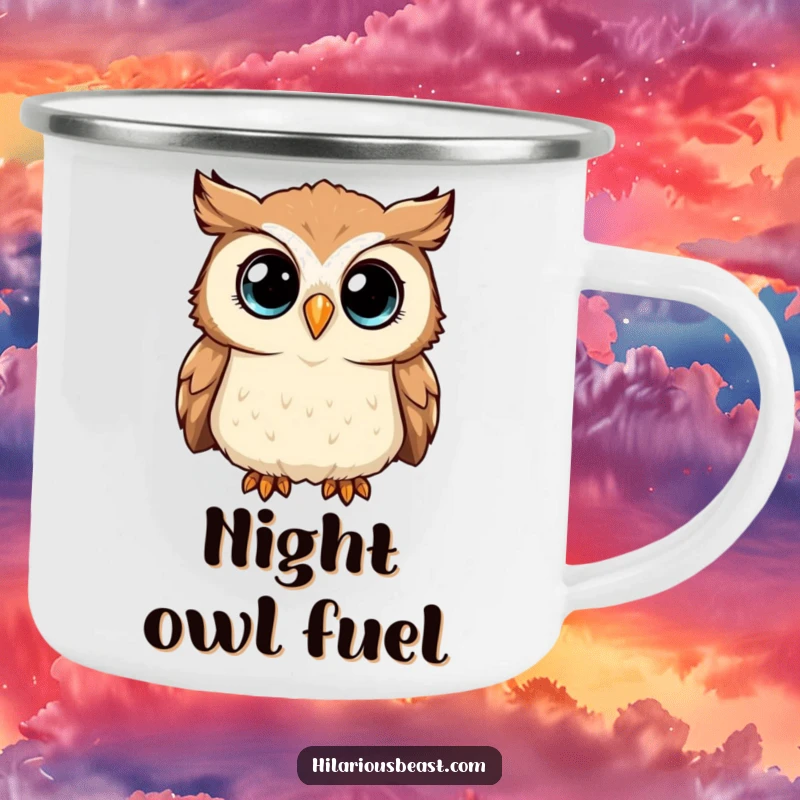 Funny Camping Mug showcasing a curious owl tilting its head, its sparkling eyes bright under the night sky.