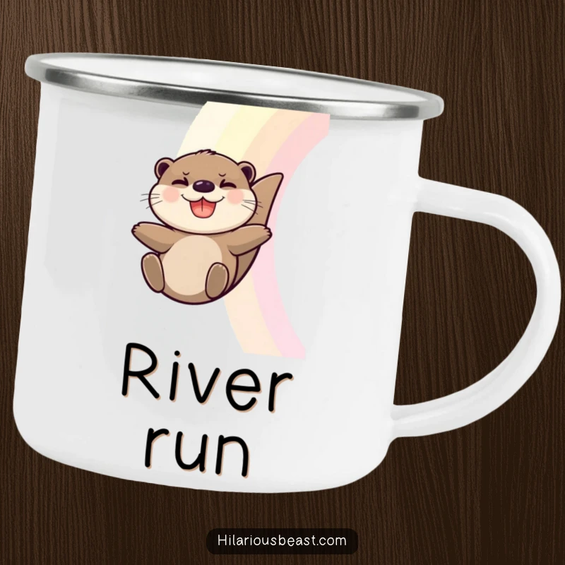 Funny Otter Camping Mug: Sturdy mug featuring a grinning otter sliding down a rainbow.
