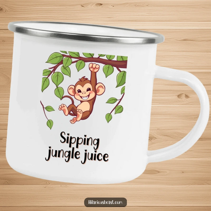 Funny camping mug featuring a mischievous monkey swinging from a vine with a grin.