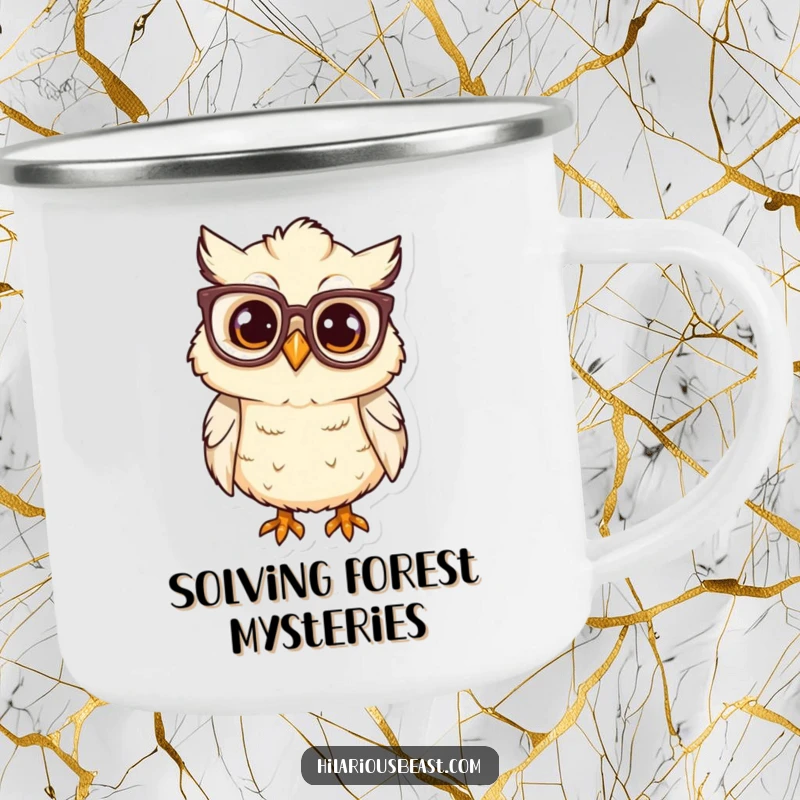 Funny owl chick with big glasses, tilting head, rugged enamel camping mug, outdoor humor.