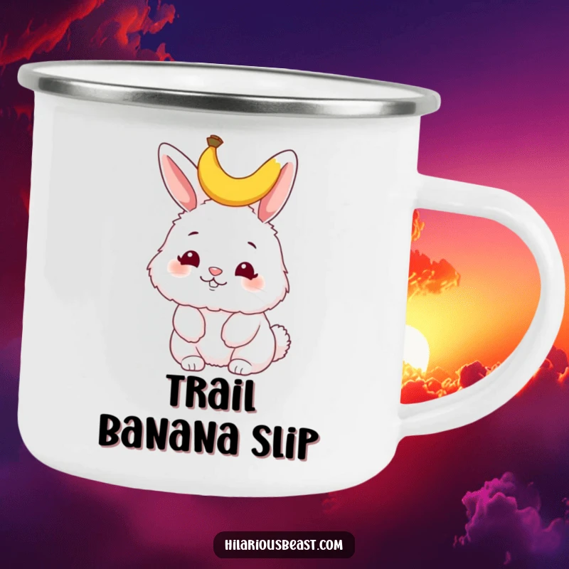 Funny bunny camping mug, a fluffy bunny wiggling its nose with a tiny banana peel on its head, ideal for outdoor brews and whimsical moments.