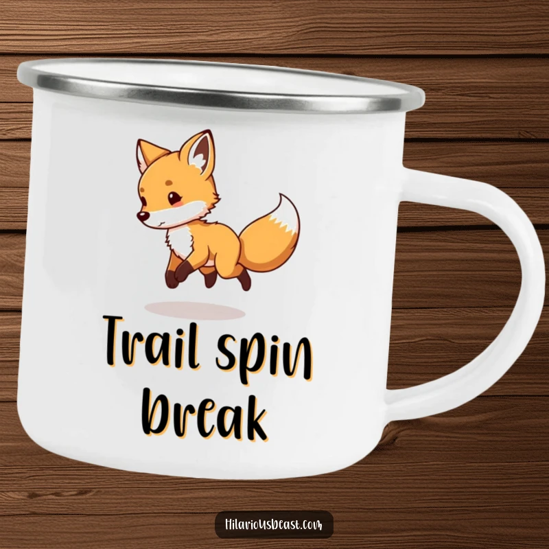 Funny Fox Cub Camping Mug: a durable enamel cup with a playful fox cub spinning in circles chasing its tail.
