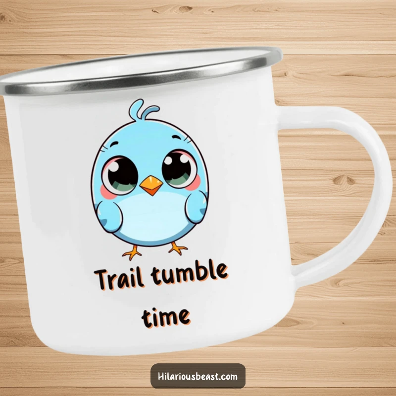 Funny round blue bird camping mug with comically wide eyes, tripping slightly, for clumsy outdoor fun.