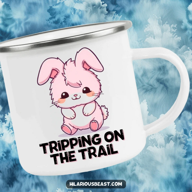 Funny camping mug with a fluffy pink bunny comically tripping over its own ears, a functional funny gift.