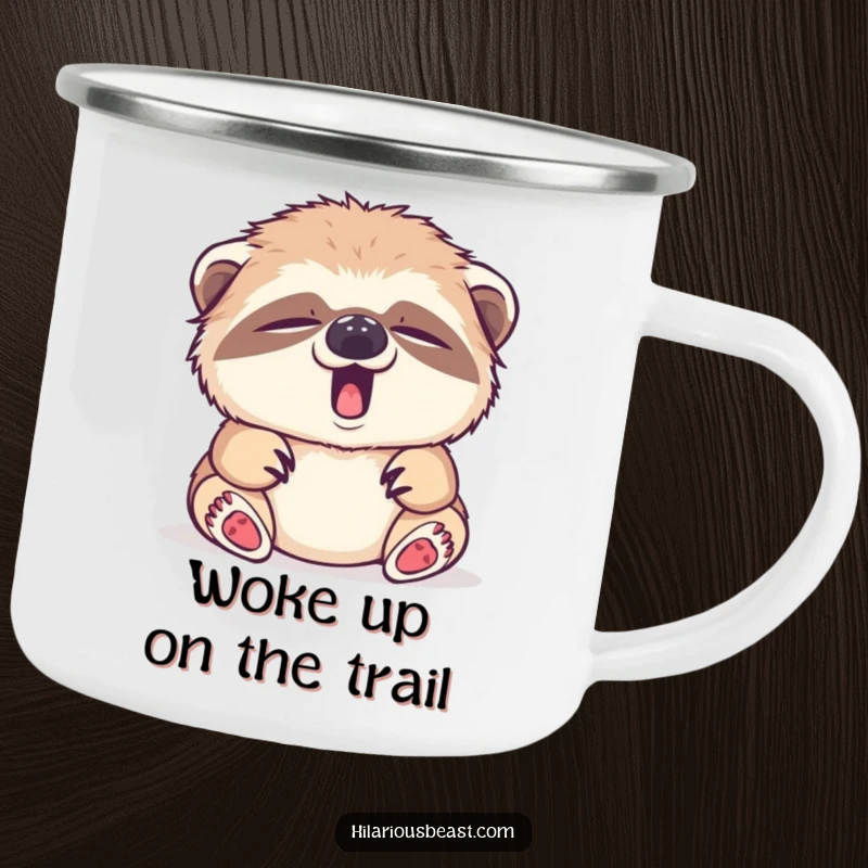 Funny sleepy sloth cub yawning, tiny yawn, enamel camping mug, outdoor relaxation.