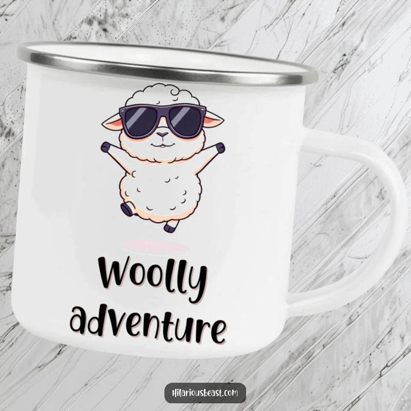 Funny fluffy sheep camping mug wearing oversized sunglasses, doing a silly hop, ready for campfire stories and cool vibes.