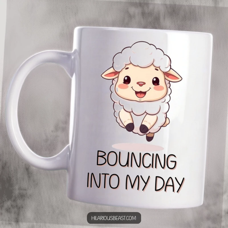 Funny mug featuring a fluffy sheep with a silly grin, joyfully bouncing on its hooves.