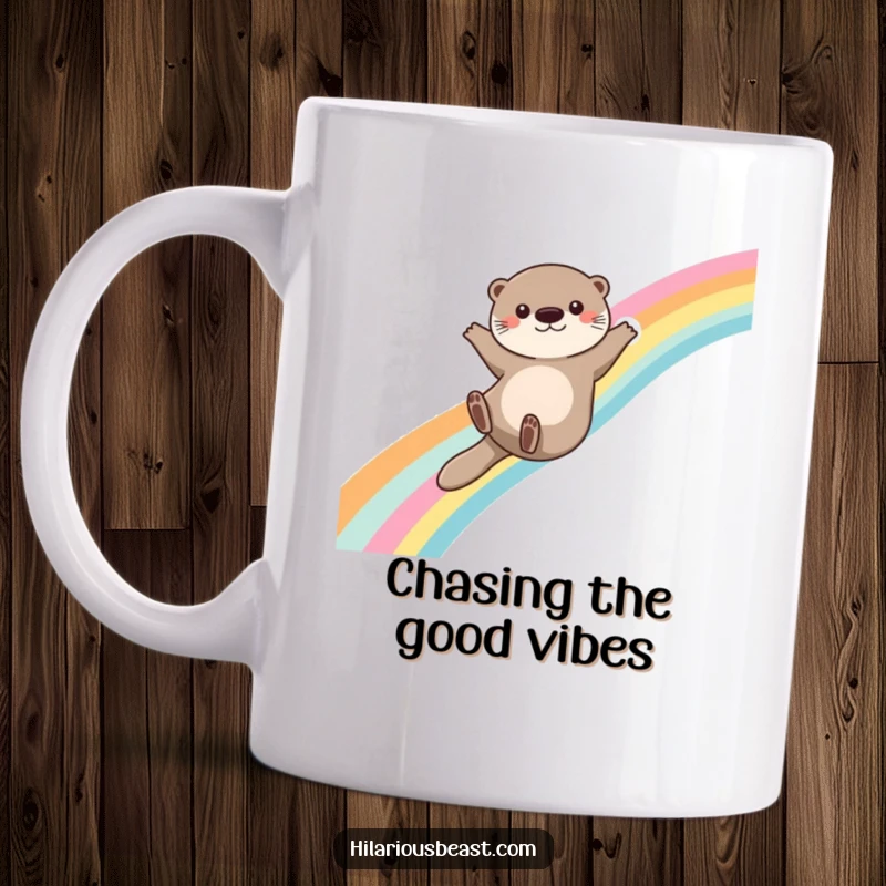 Funny otter mug featuring a cute otter joyfully sliding down a vibrant rainbow, arms outstretched for balance, embodying pure delight.