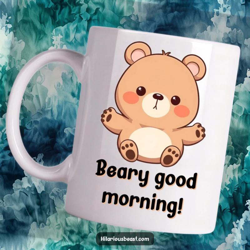 Funny round bear mug, a character with tiny paws waving enthusiastically, radiating cheerful energy and a friendly demeanor, perfect for a heartwarming, funny gift.
