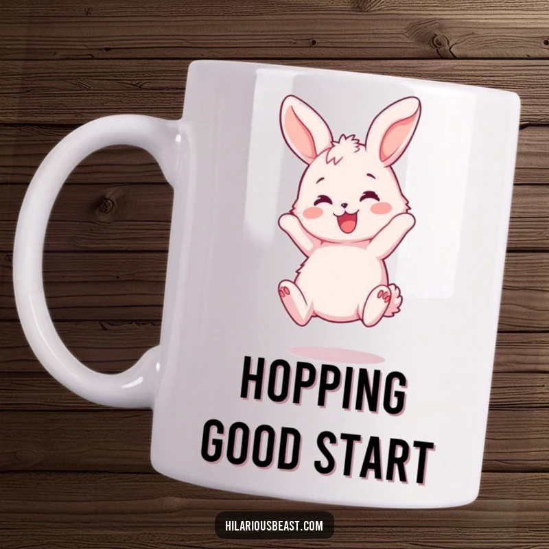 Funny Bunny Bouncing Mug - A fluffy pink bunny joyfully bouncing, with ears flopping playfully, radiating pure, energetic happiness.