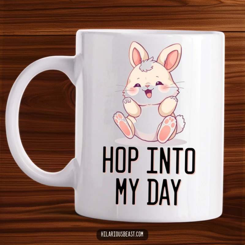 Funny fluffy bunny cub rolling with delight, paws in the air, printed on a ceramic mug, showcasing pure, uninhibited happiness.