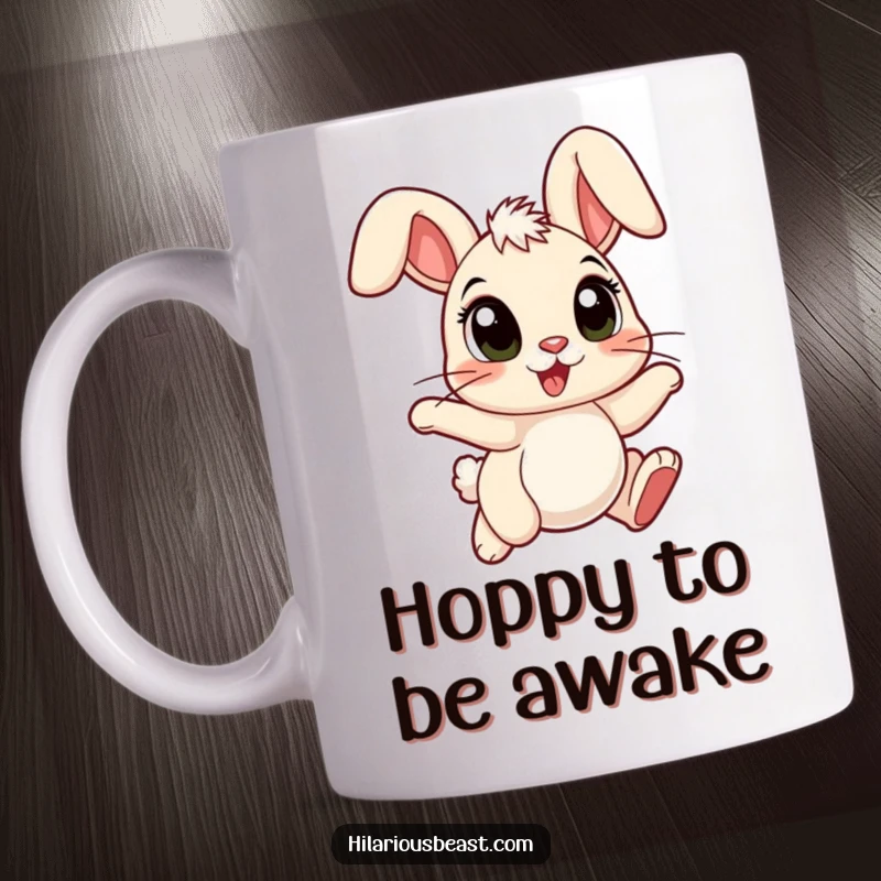Funny cartoon bunny mug with large eyes, ears flopped forward, hopping with pure joy and delight.
