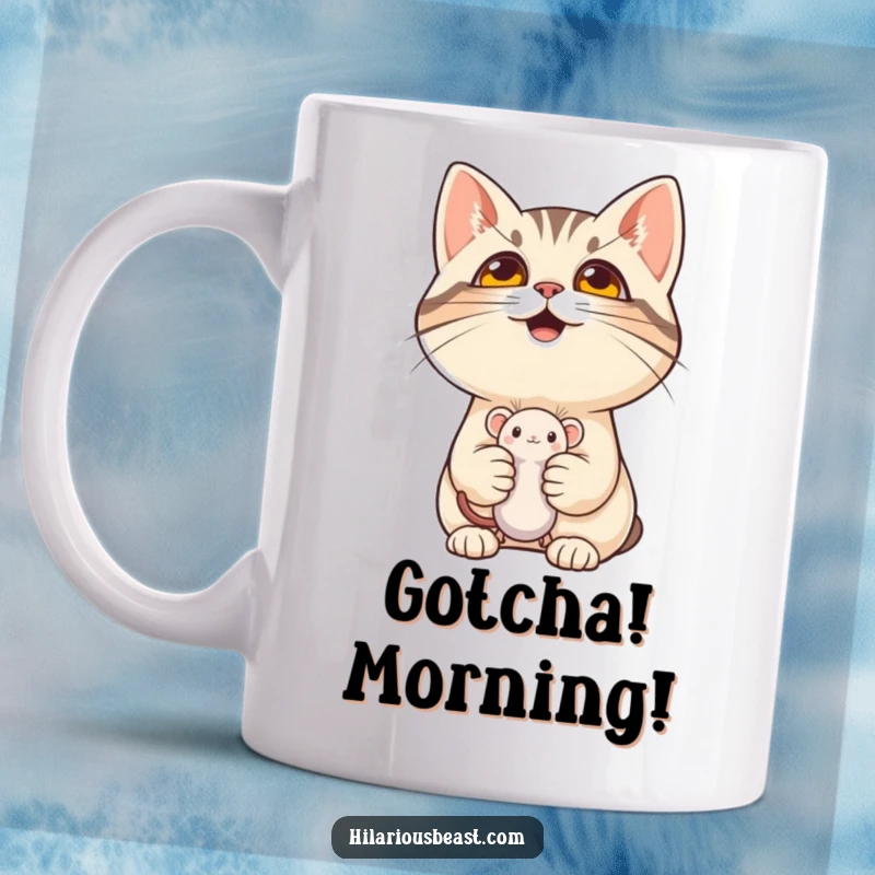 Funny cat with a mischievous grin looking up, holding a tiny mouse toy, perfect for a humorous mug and funny gift.