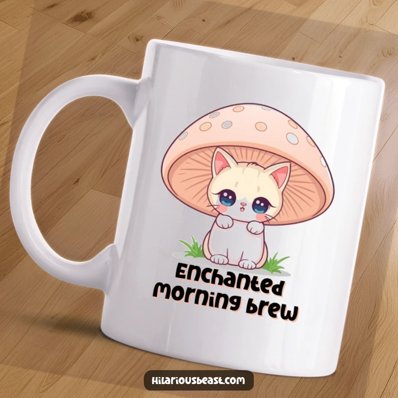 Funny cat with twinkling eyes peeking from behind a giant mushroom, perfect for a humorous mug and funny gift.
