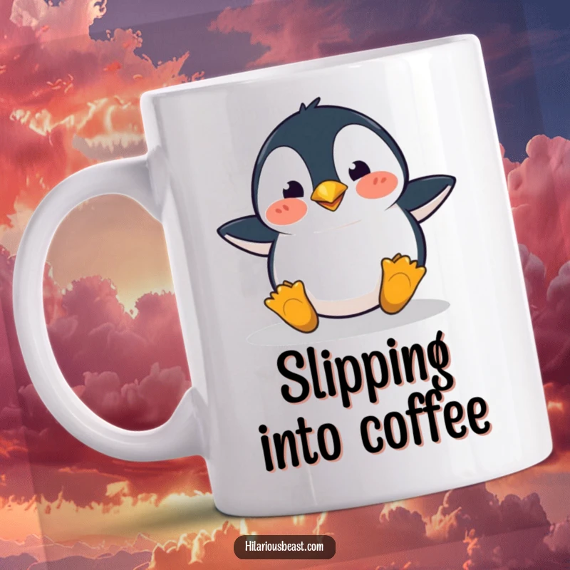 Funny penguin mug showing a clumsy penguin tripping over its feet with a comically surprised expression, full of awkward charm.