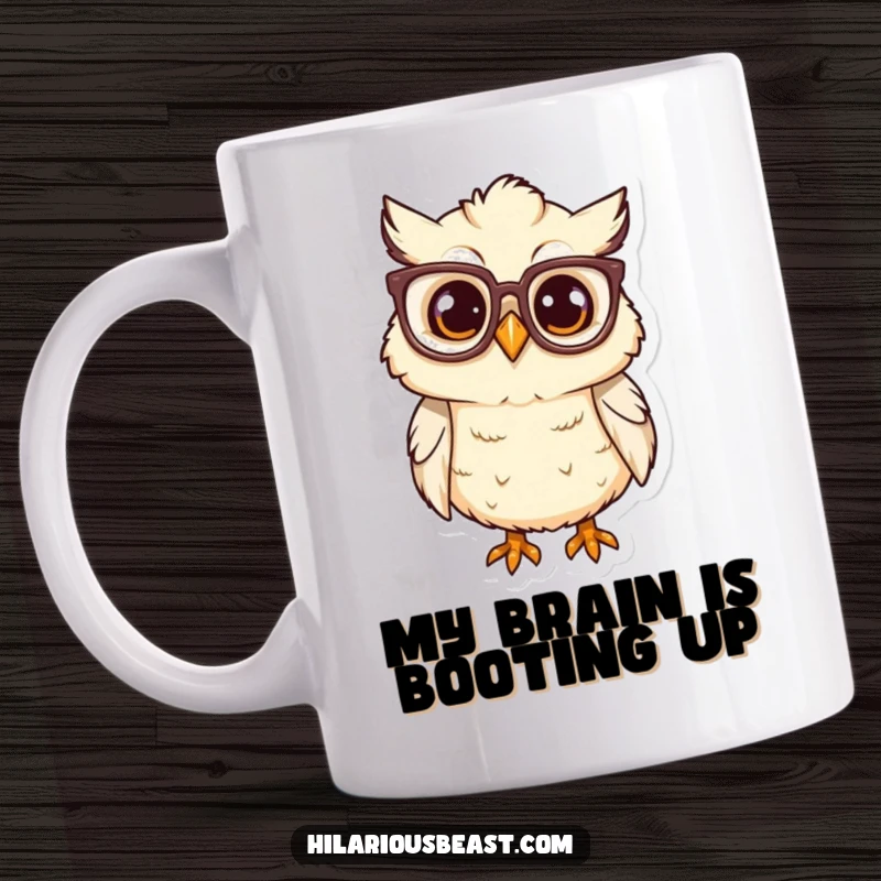 Funny owl chick with big glasses tilting head, curious and intellectual, perfect funny mug gift.