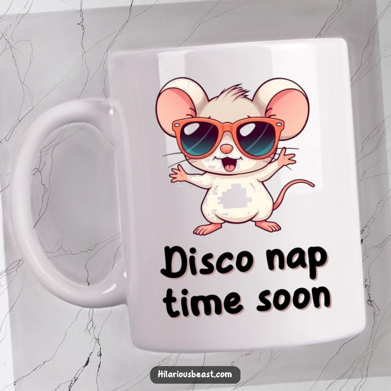 Funny mug featuring a tiny mouse in oversized sunglasses, striking a silly disco pose, radiating pure joy and party vibes.