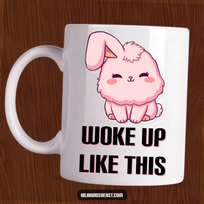 Funny fluffy pink bunny mug with one adorable ear flopped over, looking endearingly clumsy and sweet. A cute, funny item.
