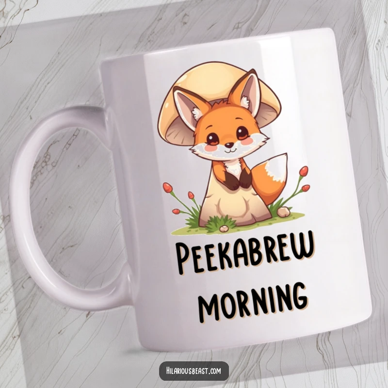 Funny mischievous fox cub peeking from behind a giant mushroom, printed on a ceramic mug, symbolizing playful curiosity.