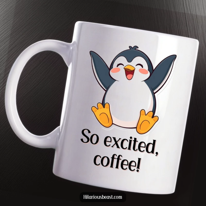 Funny mug of a happy penguin flapping its wings with exaggerated excitement, radiating pure joy and energetic happiness.