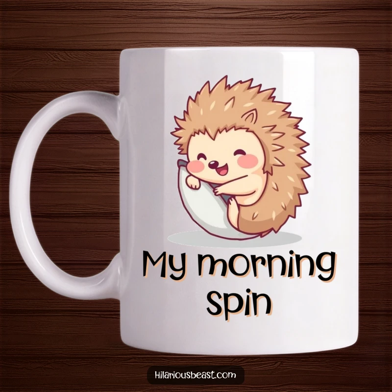 Funny Hedgehog Mug: Cute animal rolls into a ball, pops up with a smile, perfect greeting gift.