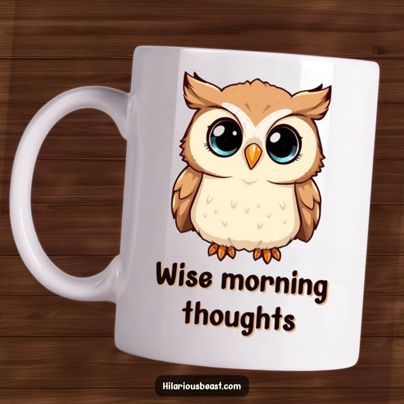 Funny Mug featuring a curious owl tilting its head, its wide, sparkling eyes full of wonder and amusement.