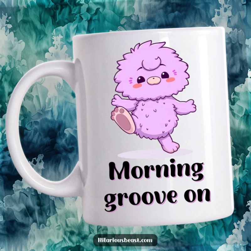 Funny mug with a fluffy purple creature doing a silly dance with oversized feet, radiating joy and humorous energy.