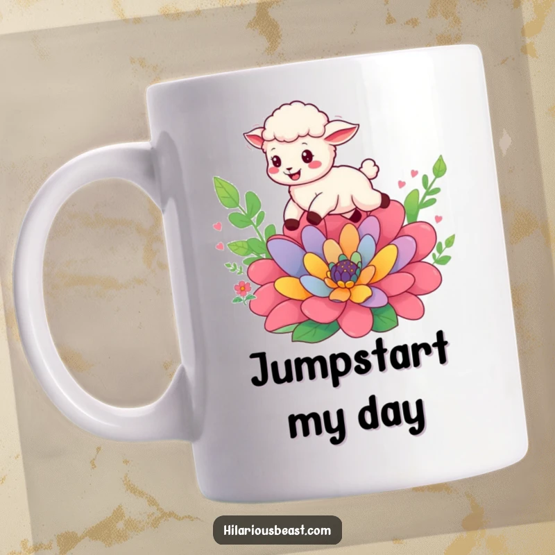 Funny cheerful sheep cub leaping over a colorful, oversized flower, printed on a ceramic mug, symbolizing pure joy and energetic fun.