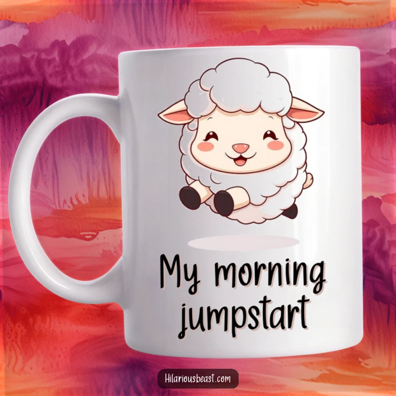 Funny sheep mug with a fluffy sheep gleefully bouncing with a huge silly grin, spreading joy and humor.